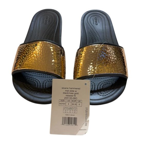 CROCS Women’s Sloane Hammered Metallic Gold/Black Slides Size 8 - Picture 3 of 7